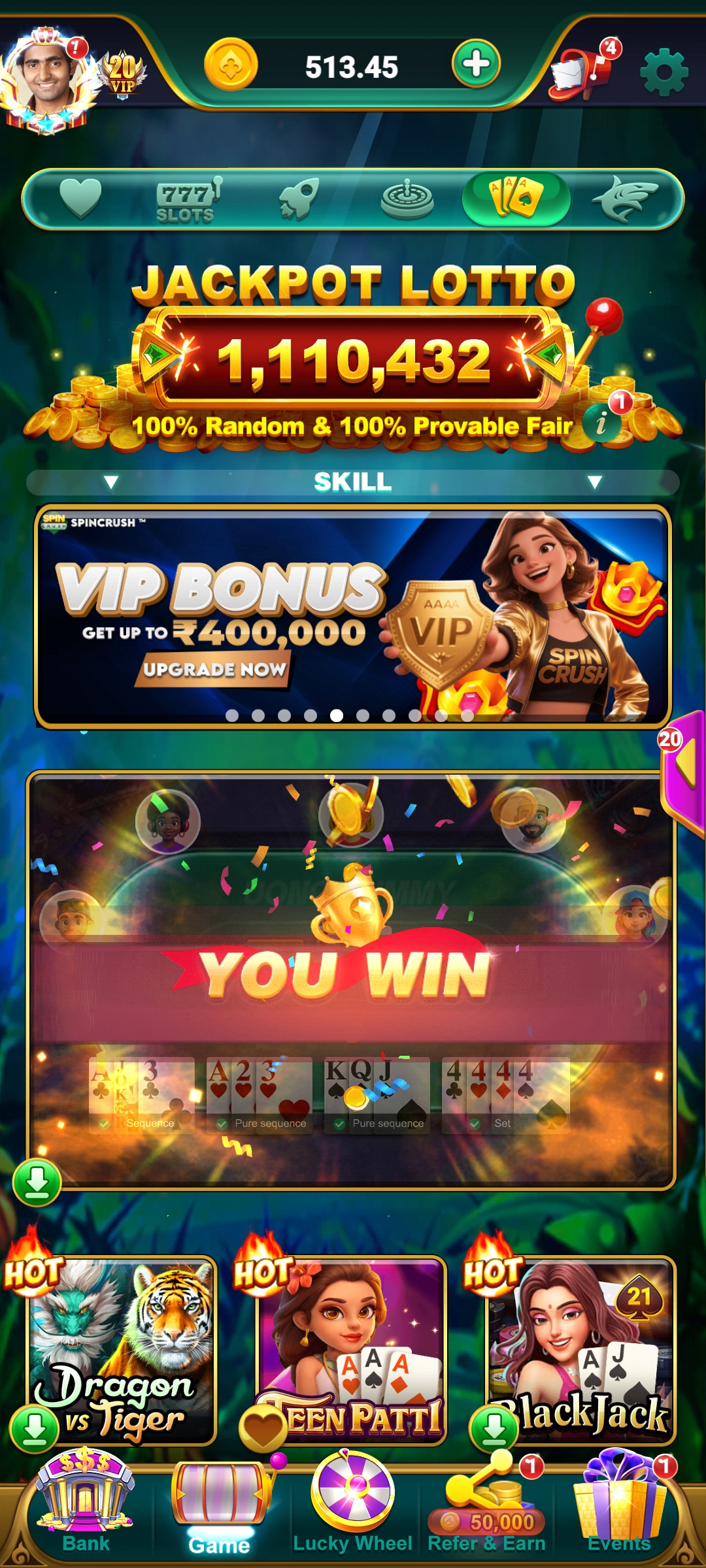 Card Games inside Spin Crush